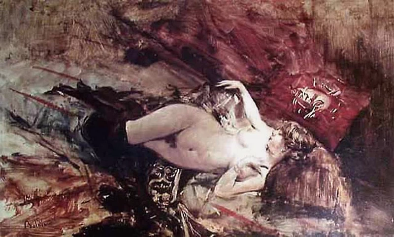 Giovane donna nuda sdraiata con calze nere, 1885